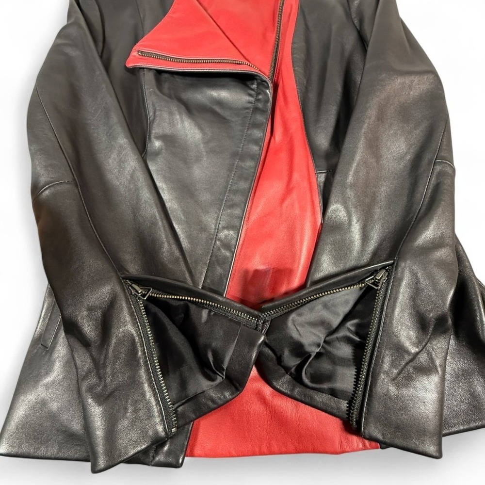 Preston York Black Red Lambskin Leather Asymmetrical Moto Mobwife Jacket Women S - Picture 4 of 11